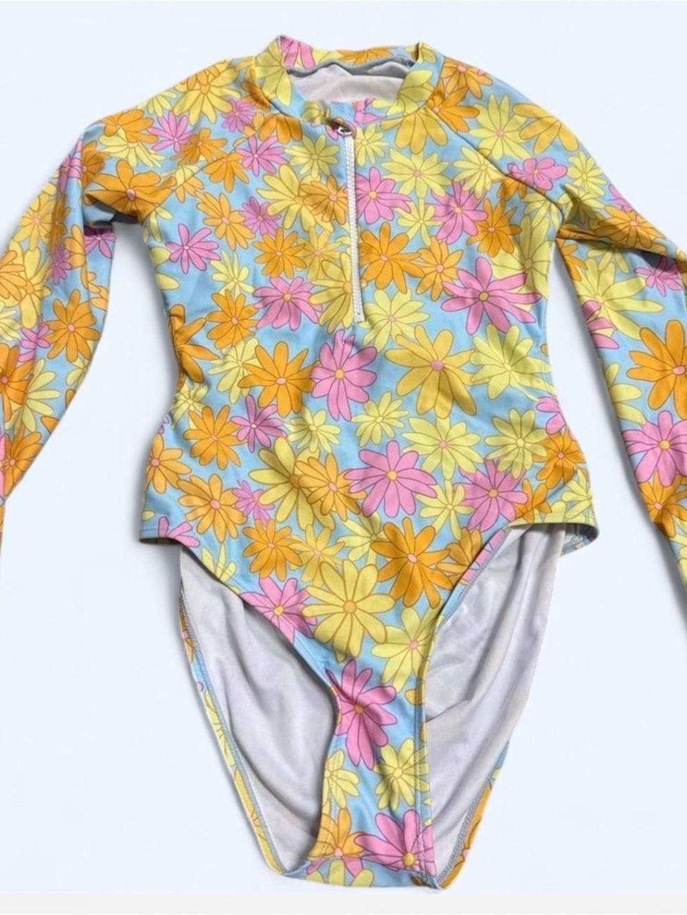 Floral Long Sleeve One-Piece Swimsuit - Yellow, Pink & Light Blue Size 12 Kids
